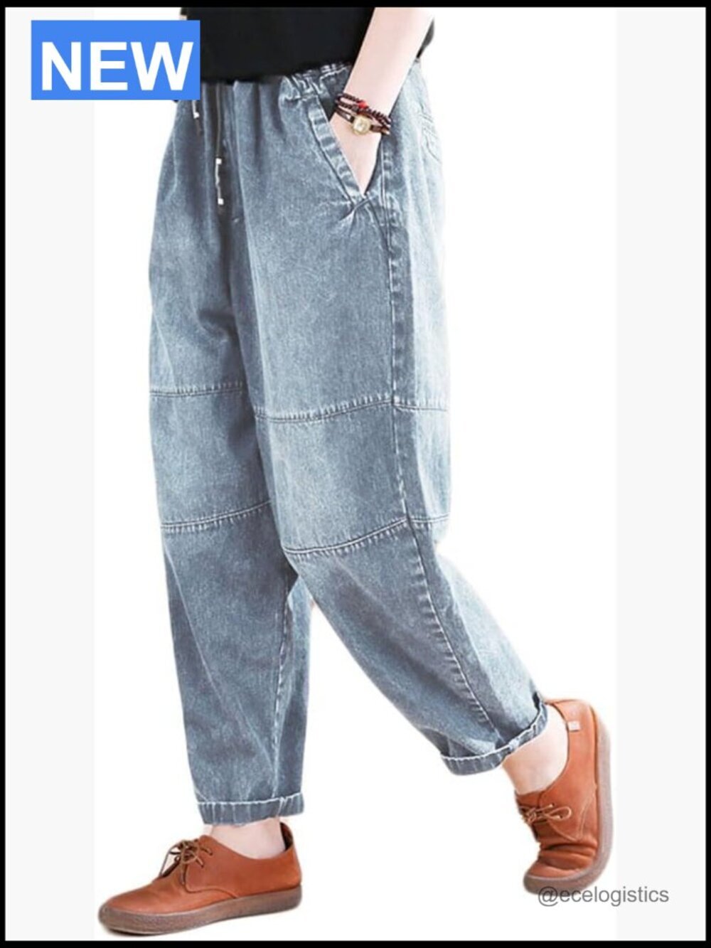 Baggy Jeans Pull On Denim Joggers Elastic Waist Harem Pants with Pockets